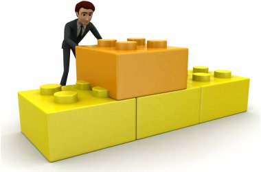 3d erkek beyaz backgorund, açık açılı görünüş oyuncaklar kavramı kullanarak yapı yapma