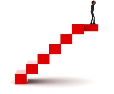 3D adam beyaz izole arka plan, yan görüş açısı kavramında merdiven üstünde