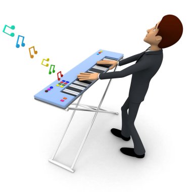 3D man oyun morden müzikal klavye kavramı beyaz backgorund, yan görüş açısı