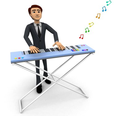 3D man oyun morden müzikal klavye kavramı beyaz backgorund, açık açılı görünüş