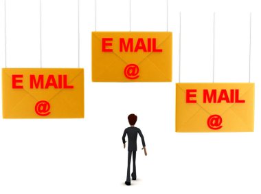 3D adam beyaz arkaplanda e- posta - metin harfi kavramına doğru yürüyor - 3D görüntüleme, ön açı görünümü