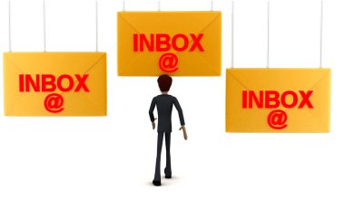 3D adam beyaz arkaplanda gelen e- posta konseptine doğru yürüyor - 3D görüntüleme, ön açı görünümü