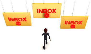 3D adam beyaz arkaplanda gelen e- posta konseptine doğru yürüyor - 3D görüntüleme, üst açı görünümü