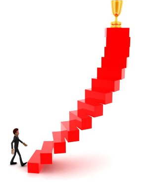 3D adam, beyaz izole edilmiş arka plan ve ön açı görünümlü merdiven konseptiyle altın kupaya doğru yürüyor.