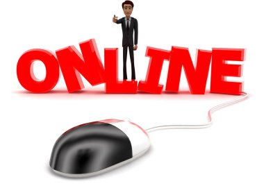 Beyaz arka planda - 3d render, açık açılı görünüş tel kavramı üzerinden Online metne bağlı bilgisayar fare ile 3D adam