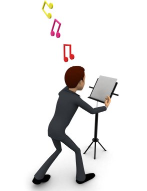 3D adam müzik notlar ve komut dosyası kavramı beyaz arka planda, geri görüş açısı