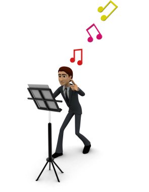 3D adam müzik notlar ve beyaz arka plan, komut dosyası kavram yan görüş açısı