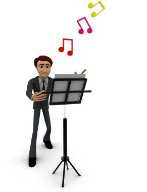 3D adam müzik notlar ve komut dosyası konsepti üzerine beyaz arka plan, ön görüş açısı