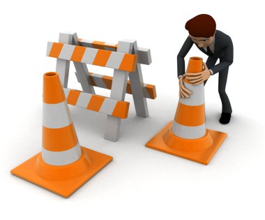 3D adam trafik konileri ve beyaz arka plan üzerinde engel kavramı yan görüş açısı