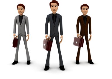 3D üç adam, beyaz arka plan kavramını elinde tutuyor. 3D görüntüleme, ön açı görüntüsü.