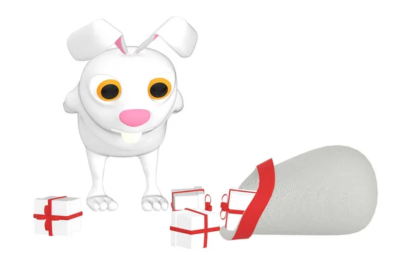 Персонаж Кролик Дивиться Розкидані Подарункові Коробки Мішка Лежить Землі Візуалізація — стокове фото
