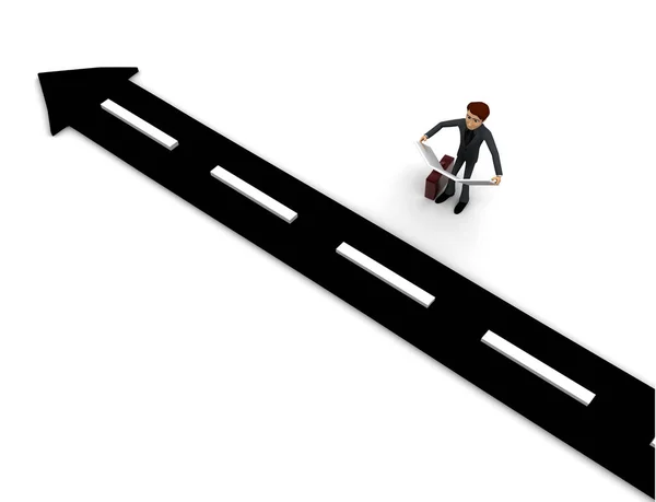 3d man finding right way on cross road using map concept on white background, top angle view