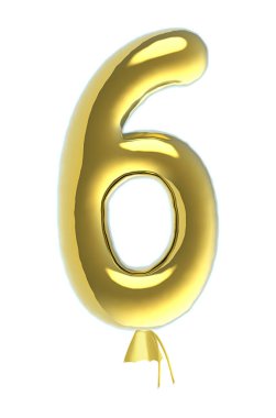 number 6 shiny golden balloon font isolated on white background
