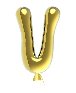 Letter V uppercase shiny golden balloon font isolated on white background