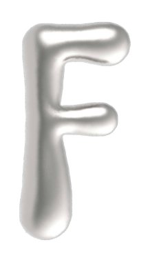 Letter F uppercase metallic inflated font isolated on white background