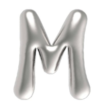 Letter M uppercase metallic inflated font isolated on white background