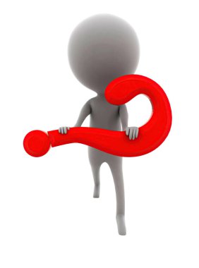 3d adam soru işareti kavramı holding beyaz arka plan, açık açılı görünüş