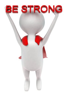 3D süper kahraman yukarı doğru uçan güçlü metin beyaz izole arka plan kavramı - 3D görüntüleme, ön açı görünüm