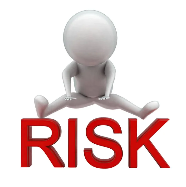 stock image 3d man jumping over risk text concept in white isolated background , side angle view