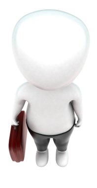 Pantolon giyen ve elinde beyaz izole edilmiş arka planda bir çanta taşıyan 3D adam. 3D görüntüleme, üst açı görünümü.