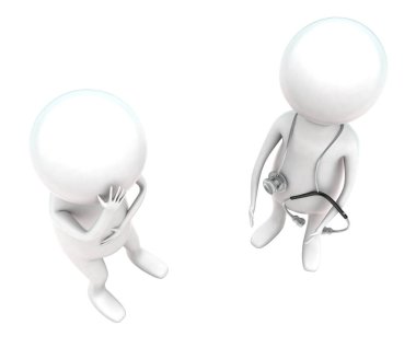 mide ağrısı ve beyaz izole arka planda, görüş en iyi açısı kavramı duran bir doktor olan 3d erkekler