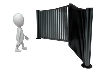 3d adam çalıştıran ve gates kavramı beyaz arka planda - 3d render, yan görüş açısı kapanmasını kaçış çalışın