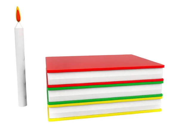 stock image 3d books and candle concept in white isolated background - 3d rendering , front angle view