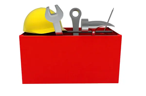 Werkzeugkiste Mit Werkzeugen Und Schutzkappe Darin Konzept Weiß Isoliert Hintergrund — Stockfoto