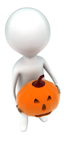 Mann Hält Halloween Plumkin Konzept Weißem Isoliert Winkel Seitenansicht — Stockfoto
