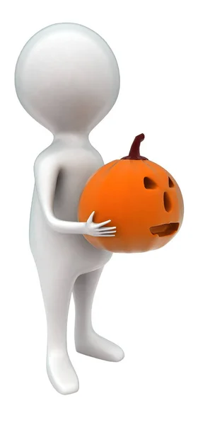 Homem Segurando Conceito Plumkin Halloween Fundo Branco Isolado Vista Lateral — Fotografia de Stock