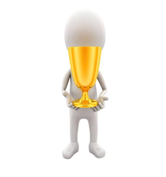 Man Holding Golden Cup Hands Concept White Isolated Background Front — Stock Photo, Image