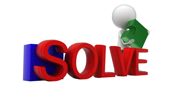 stock image 3d man holding puzzle in hand , presenting solve text concept in white isolated background - 3d rendering , side angle view