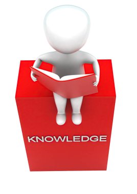 Bilgi bloğu kavramının üzerine otururken beyaz izole edilmiş arka plan - 3D görüntüleme, üst açı görünümü