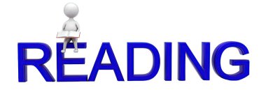 3D adam, beyaz izole arkaplan, ön açı görünümlü metin kavramını okurken bir kitap okuyor