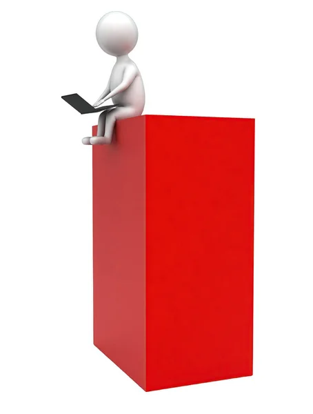 Hombre Sentado Caja Roja Usando Concepto Del Ordenador Portátil Fondo —  Fotos de Stock
