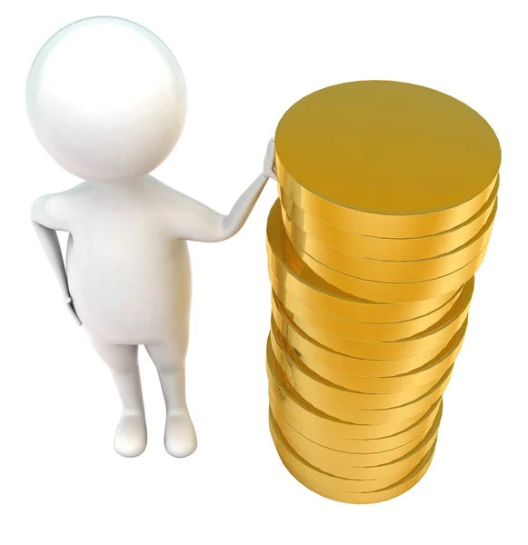 stock image 3d man presenting gold coins concept in white isolated background - 3d rendering , top angle view