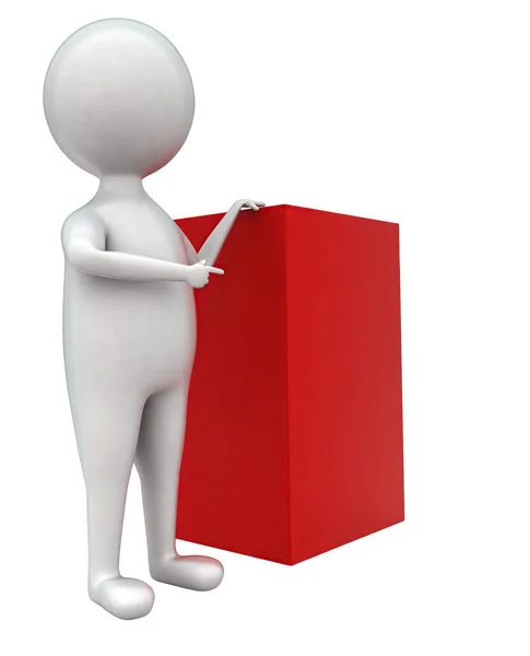 白い孤立した背景 側面の角度のビューで赤いボックスの概念を提示する3Dの男 — ストック写真
