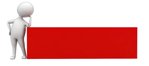 白い隔離された背景の中で長方形の赤いテキスト ロゴの明らかなコンセプトを提示する3D男 3Dレンダリング フロント角度ビュー — ストック写真