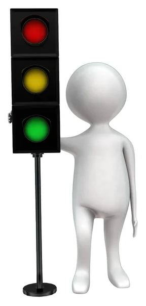 stock image 3d man presenting traffic light concept in white isolated background - 3d rendering , front angle view