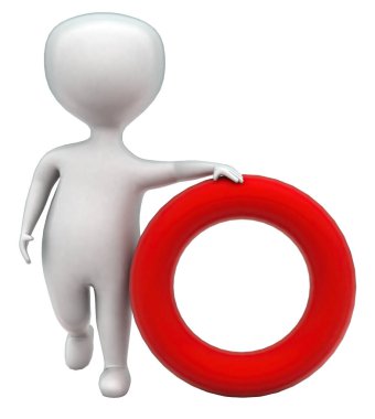 Beyaz izole edilmiş arka planda daire konseptini sunan 3D adam - 3D görüntüleme, ön açı görünümü