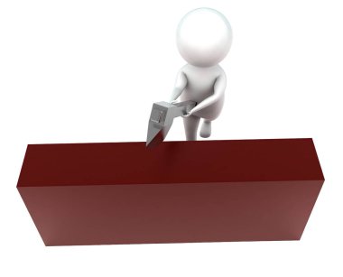 Beyaz izole edilmiş arka planda balta kavramının yardımıyla bloğu kesen 3D adam - 3D görüntüleme, üst açı görünümü