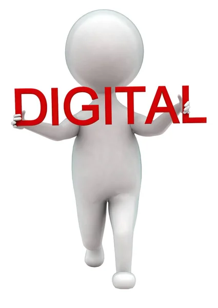 3D男は白い隔離された背景に手の概念でデジタルテキストを保持 3Dレンダリング フロント角度ビュー — ストック写真