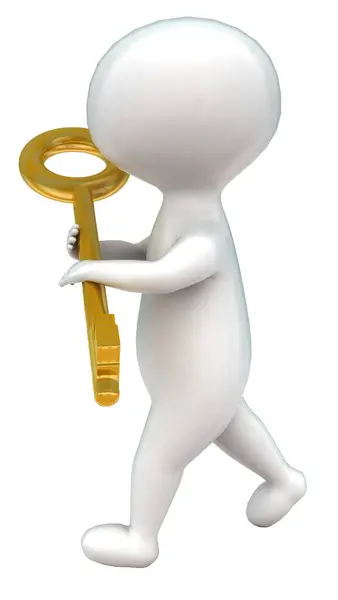 stock image 3d man holding golden key in hand concept in white isolated background - 3d rendering , side angle view