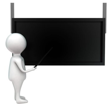 sopa tutan ve yazı tahtası kavramı arka planda beyaz izole, açık açılı görünüş doğru işaret 3d adam