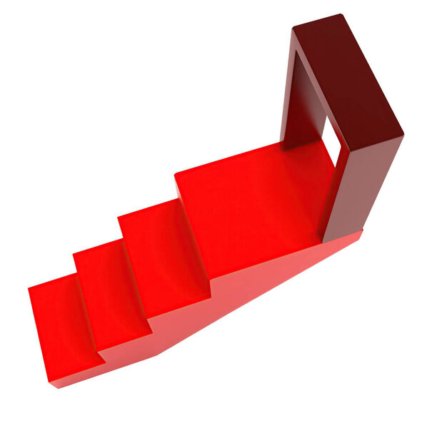 3d step towards door concept in white isolated background, top angle view
