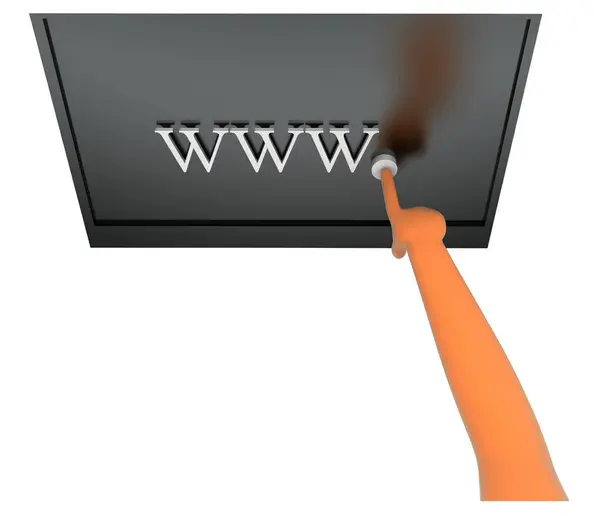 3D只手点击Www 监视器屏幕上的文字概念白色孤立的背景 3D渲染 顶角视图 — 图库照片