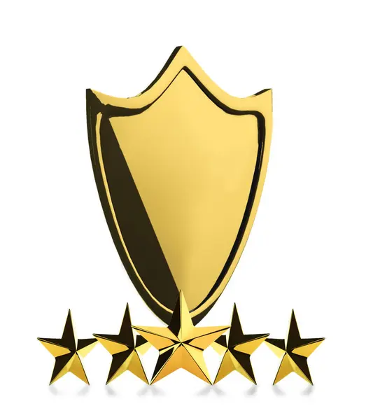 Beyaz arkaplanda izole edilmiş boş uzay ve yıldız konseptine sahip 3D altın kalkan - 3D görüntüleme