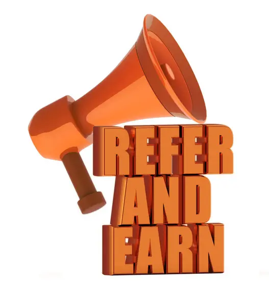 3d turuncu referans ve turuncu megafon üzerinden yazı kazanmak kavramı etrafında altın madeni paralar beyaz arka planda izole - 3d görüntüleme