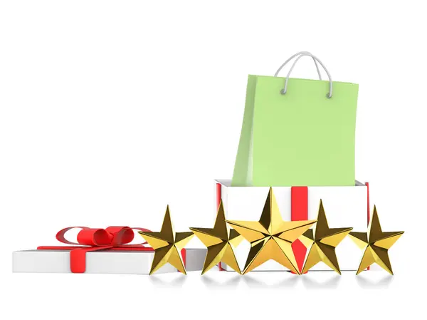 Beyaz arkaplanda izole edilmiş hediye ögeleri konseptinin 3d gözden geçirme derecesi - 3d görüntüleme