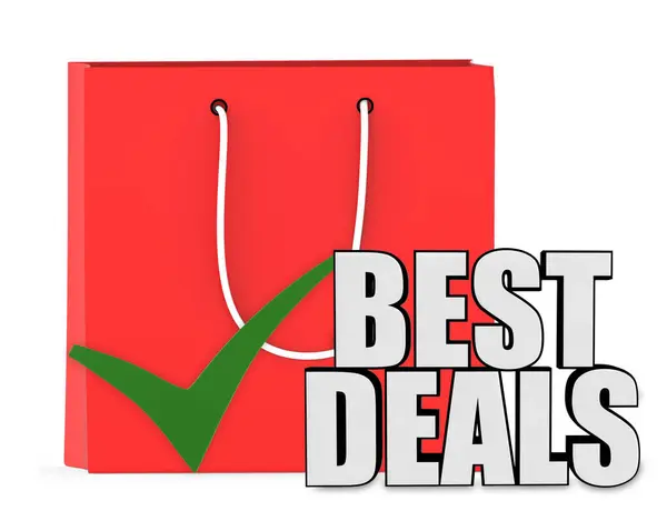 3D alışveriş çantası, kene işareti en iyi anlaşmalar beyaz arka planda izole edilmiş - 3D görüntüleme